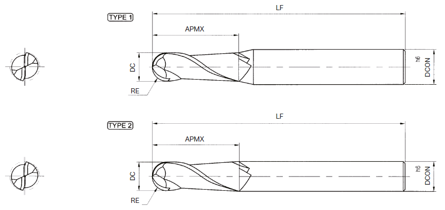 超硬ボールエンドミル 2枚刃/2D刃長/AlTiNコーティング/φ12/ショート