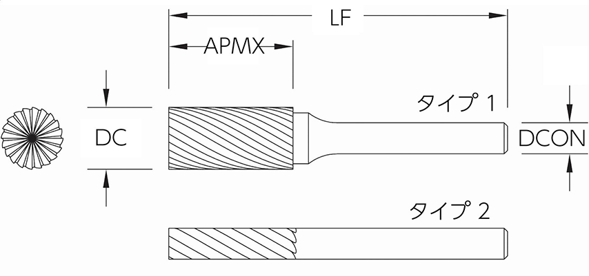 超硬ロータリーバー 円筒型/先端刃付(SB-43M-D): センタ穴/面取り/バリ