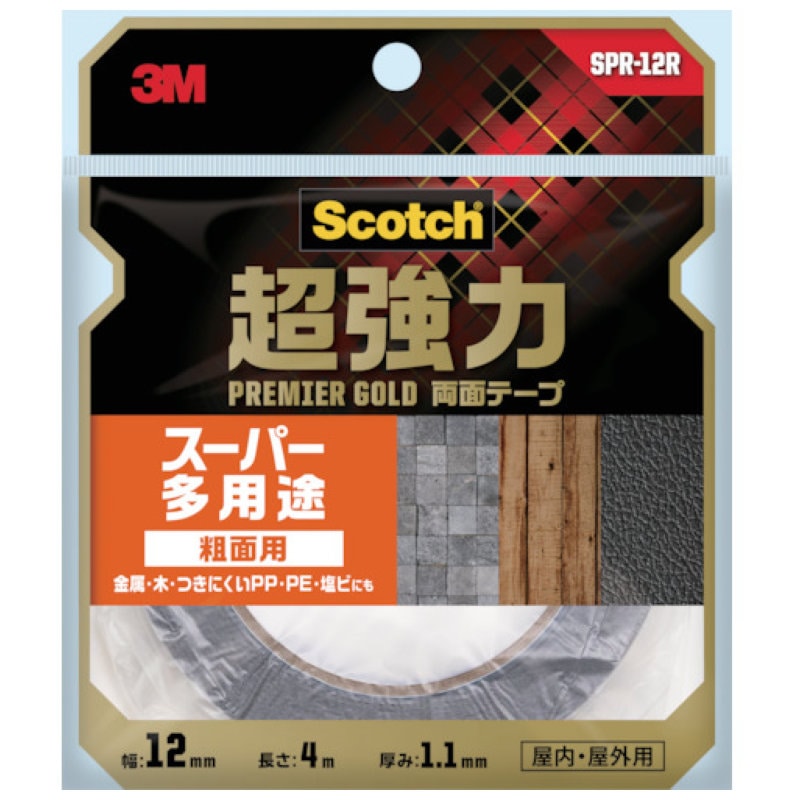 ３Ｍ　スコッチ　超強力両面テープ　プレミアゴールド　スーパー多用途　粗面用　１２ｍｍ×４ｍ